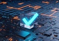 Futuristic checkmark hologram above digital circuit board in data environment representing AI validation, system approval and Royalty Free Stock Photo