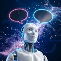 3D humanoid figure gazes upwards with holographic speech bubbles suggesting a digital conversation