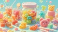 3D rendered hyper-realistic image of a variety of colorful sweets and candies.