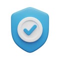 A3D rendered blue shield icon with a white circle and a blue checkmark inside on a white background Royalty Free Stock Photo