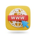 3D Internet Globe Icon with W Text and Cursor on Yellow Square Background world network Royalty Free Stock Photo