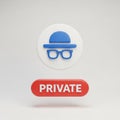 3D Icon of Incognito Mode with Blue Hat and Glasses and Red Private Button anonymous Royalty Free Stock Photo