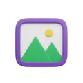 3D Rendered Purple Square Icon with Mountain Landscape and Sun symbol image Royalty Free Stock Photo