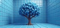 A 3D rendered illustration of a blue cubic tree inside a blue tiled room. Digital artwork represents modern concept of nature Royalty Free Stock Photo
