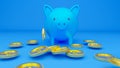 Blue piggy bank and falling coins