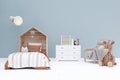 3d rendered illustration of blue wall children room and stuffed toy animal Royalty Free Stock Photo