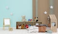 3d rendered illustration of blue wall children room. Royalty Free Stock Photo