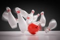 3D rendered illustration of bowling ball knocking down all pins - strike. Motion blur