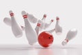 3D rendered illustration of bowling ball knocking down pins Strike. White background