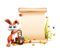 Brown Easter bunny with big sign and eggs basket