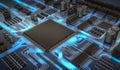 3D rendered illustration of electronic circuit with microchips and glowing signals