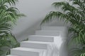 3d rendered illustration of an empty stairs podium in white colors surrounded by green leaves