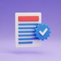 3D Illustration of a Document with a Blue Check Mark Icon on Purple Background paper report Royalty Free Stock Photo