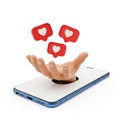 3D Hand Emerging from Smartphone Displaying Social Media Likes hearts Royalty Free Stock Photo