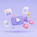 3D Rendered Video Production Icons with Play Buttons and Documents Floating on Purple Background Royalty Free Stock Photo