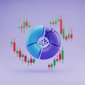 3D Cracked Pie Chart with Stock Market Candlestick Charts on Purple Background broken fragmented Royalty Free Stock Photo