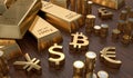 3D rendered illustration of gold bars and golden currency symbols. Stock exchange and banking concept
