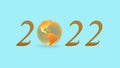 3d rendered illustration of a golden wire frame globe with number 2022 on pale blue background Royalty Free Stock Photo