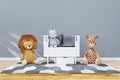 3D rendered illustration of a kid room with white little bed and stuffed toy animals Royalty Free Stock Photo