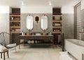 3d rendered illustration of a modern, elegant and spacious bathroom, a bathing salon