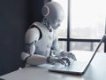 3d rendered illustration robot cyborg working on a laptop in office, generative AI