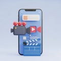 3D Smartphone Displaying Video Editing Interface with Camera and Clapperboard mobile phone Royalty Free Stock Photo
