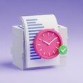 3D Rendered Stack of Documents with Pink Clock and Green Check Mark Icon paper time Royalty Free Stock Photo