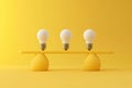 3D rendered illustration of three light bulbs on a seesaw-like structure, balancing yellow and white bulbs against a solid light Royalty Free Stock Photo