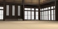 3d rendered illustration of a traditional karate dojo or school with training mat and rice paper windows. Royalty Free Stock Photo