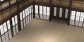 3d rendered illustration of a traditional karate dojo or school with training mat and rice paper windows. Royalty Free Stock Photo