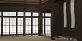 3d rendered illustration of a traditional karate dojo or school with training mat and rice paper windows. Royalty Free Stock Photo