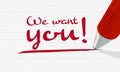 `We want you` written in red text and underlined, job advertisement, job search