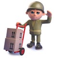 Army soldier cartoon character in 3d with hand cart and delivery boxes
