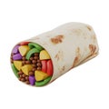 A 3D-rendered image of a burrito with bright, colorful geometric shapes and spherical objects as fillings. Royalty Free Stock Photo