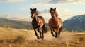 A pair of horses galloping freely through an open field Royalty Free Stock Photo