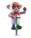 Cartoon 3d mad scientist character bouncing on a pogo stick