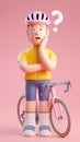 Confused Cyclist Cartoon Character with Pink Bicycle and Question Mark over Head Royalty Free Stock Photo