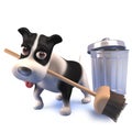 3d black and white puppy dog hound with broom and trash can Royalty Free Stock Photo