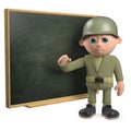 3d cartoon army soldier character teaching at the chalkboard