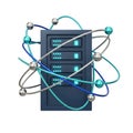 3D Rendering of a Server Rack Connected by Orbiting Network Nodes and Wires computer technology Royalty Free Stock Photo