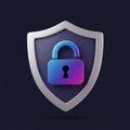A 3D-rendered image depicts a shield with a prominent lock icon at its center. The shie Royalty Free Stock Photo