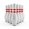 A group of seven white bowling pins with red stripes arranged in a triangular formation on a white background Royalty Free Stock Photo