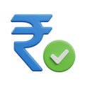 3D Render of Blue Indian Rupee Symbol with Green Check Mark Icon on White Background Royalty Free Stock Photo