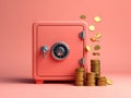 Pink safe with falling and stacked gold coins against a solid background Royalty Free Stock Photo