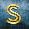 3D render of a golden letter S on the backdrop of a weathered blue surface