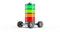 3D Render of a Rolling Battery with Full Charge Indicator on Wheels electric vehicle energy Royalty Free Stock Photo