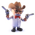 Mad scientist cartoon professor in 3d wearing a cowboy stetson hat and holding pistols