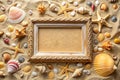 Picture frame on shells and sand background. Copy space. 3d rendering Royalty Free Stock Photo