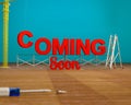 3D rendered image of red Coming Soon text with a construction tools on teal blue background. Royalty Free Stock Photo