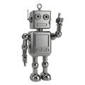 3D Rendered Silver Retro Robot with Finger Pointing Up on White Background vintage metallic Royalty Free Stock Photo